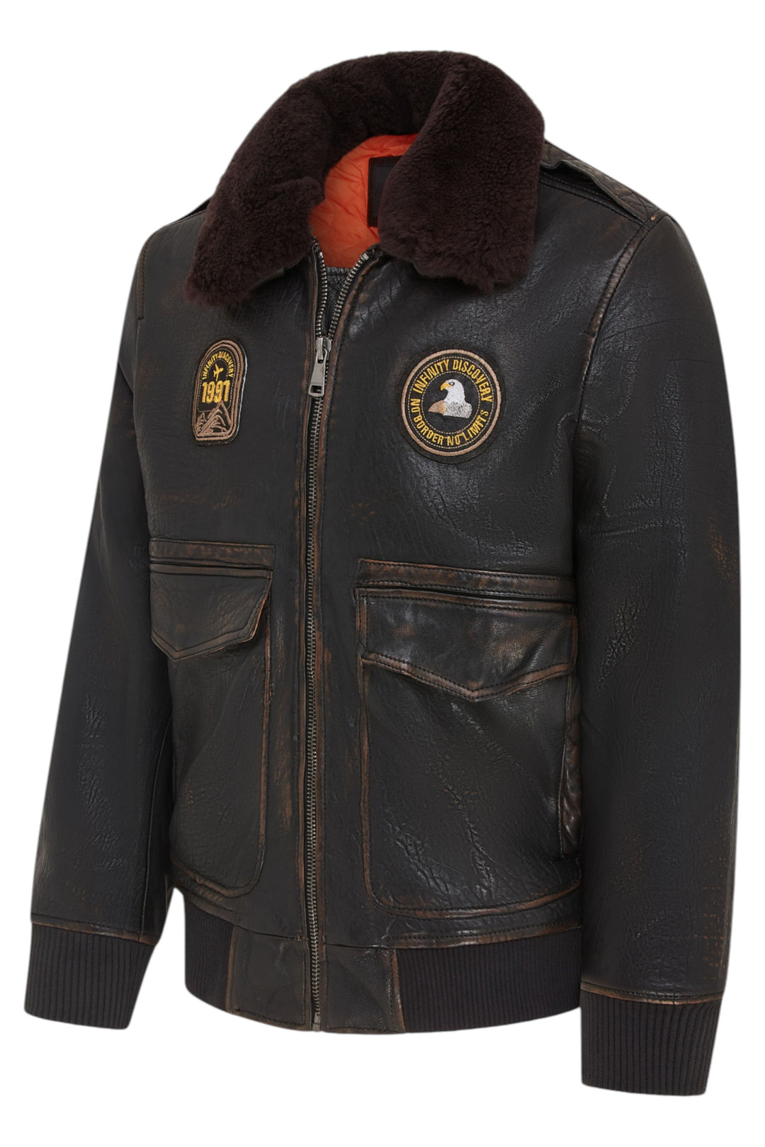 Infinity Leather Mens Black Leather Bomber Sheepskin Collar G-1