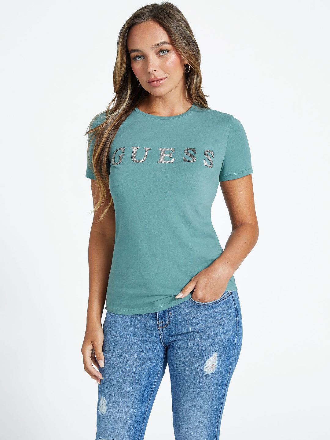 *p(R)ojectR® Rhinestone Logo SS Tee XL Guess Factory Pepper Rhinestone Logo Tee | ShopSimon
