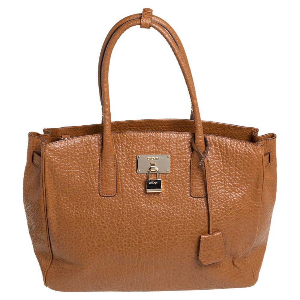 Dkny Caramel Brown Pebbled Leather Padlock Tote | ShopSimon