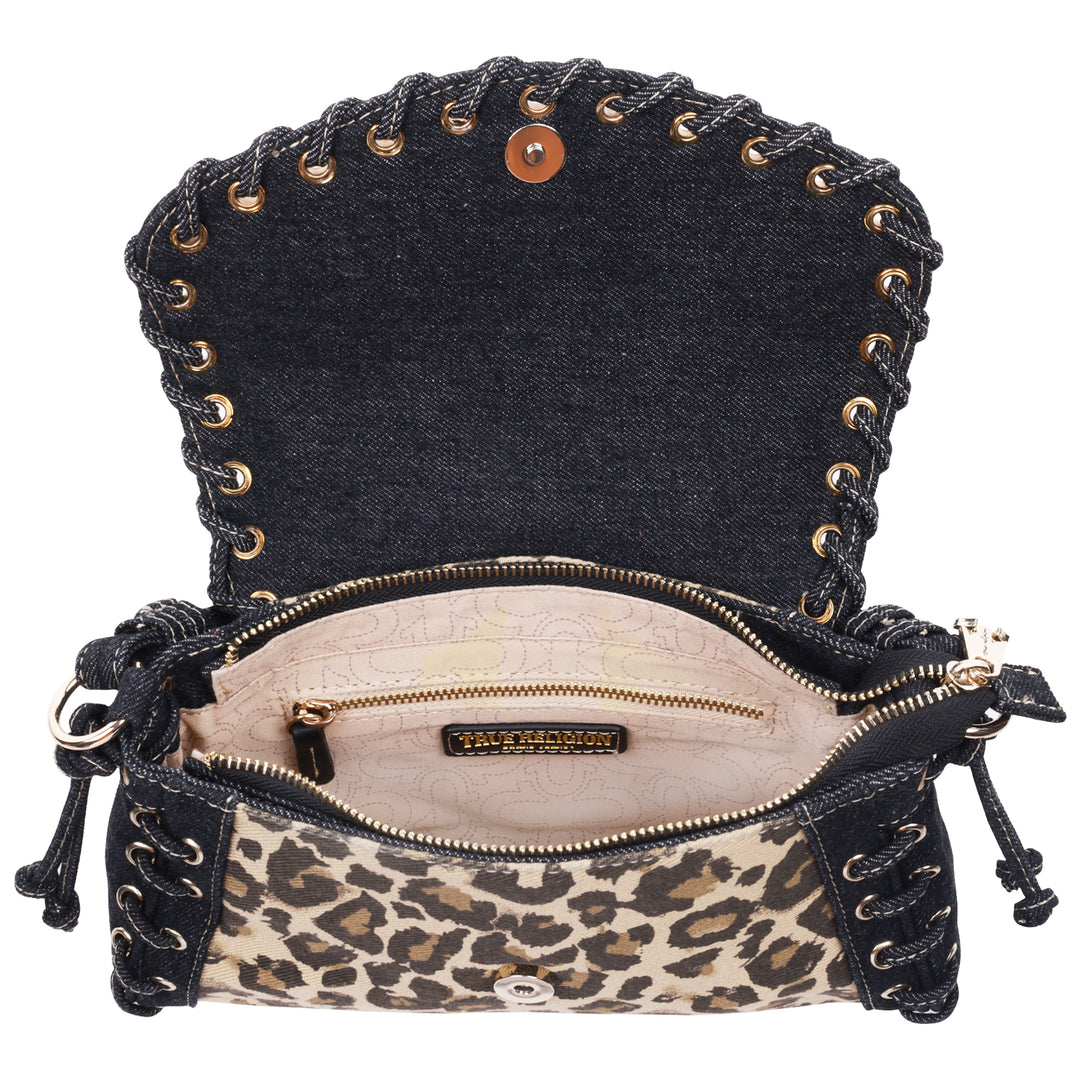 True Religion Denim Leopard Eyelet Trim Flap Bag | ShopSimon