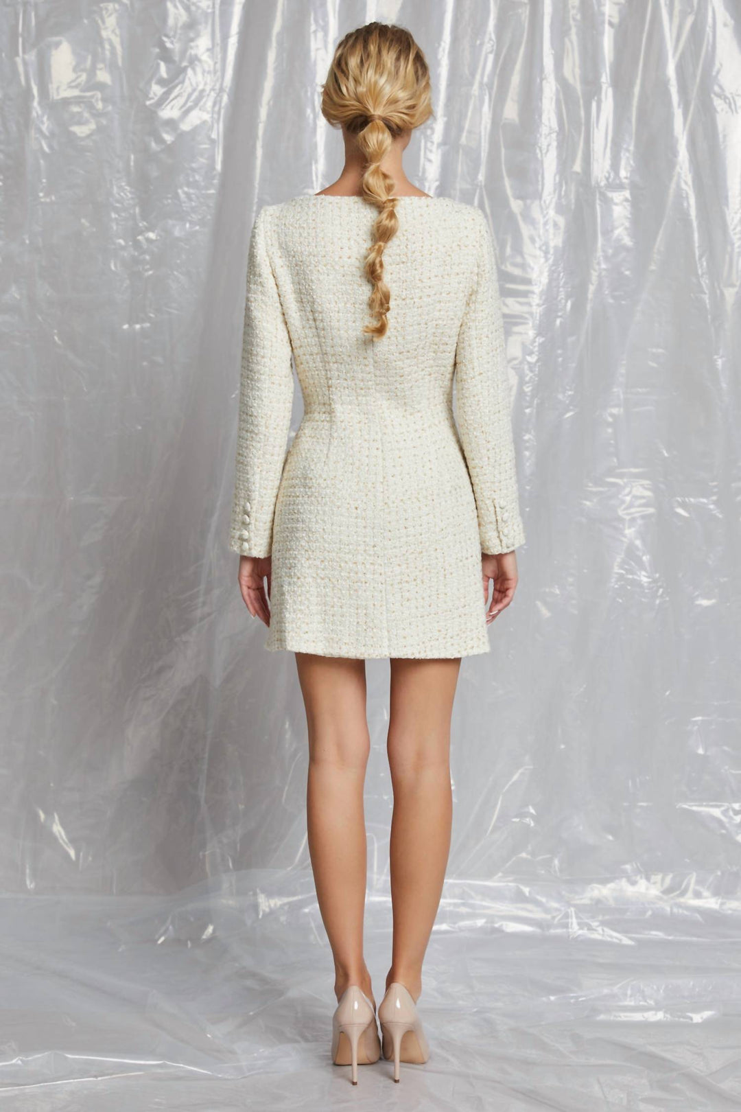 LENA Double Button Up Tweed Dress In Gold, Ivory | ShopSimon LENA Double Button Up Tweed Dress In Gold, Ivory | ShopSimon