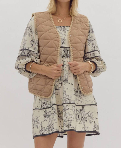 entro Quilted Button Up Vest In Light Camel | ShopSimon