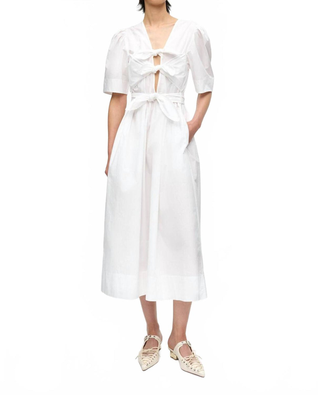 GANNI Women's Washed Stretch Cotton Tie Strap Midi Dress In White