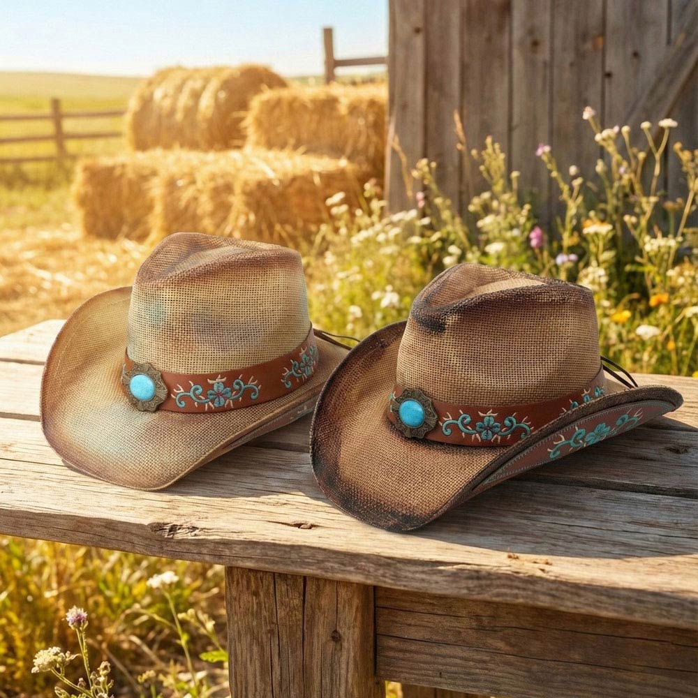 Concho Embellished Floral Embroidery Band Vintage Western Straw Cowboy Hat Concho Embellished Floral Embroidery Band Vintage Western  main image 2