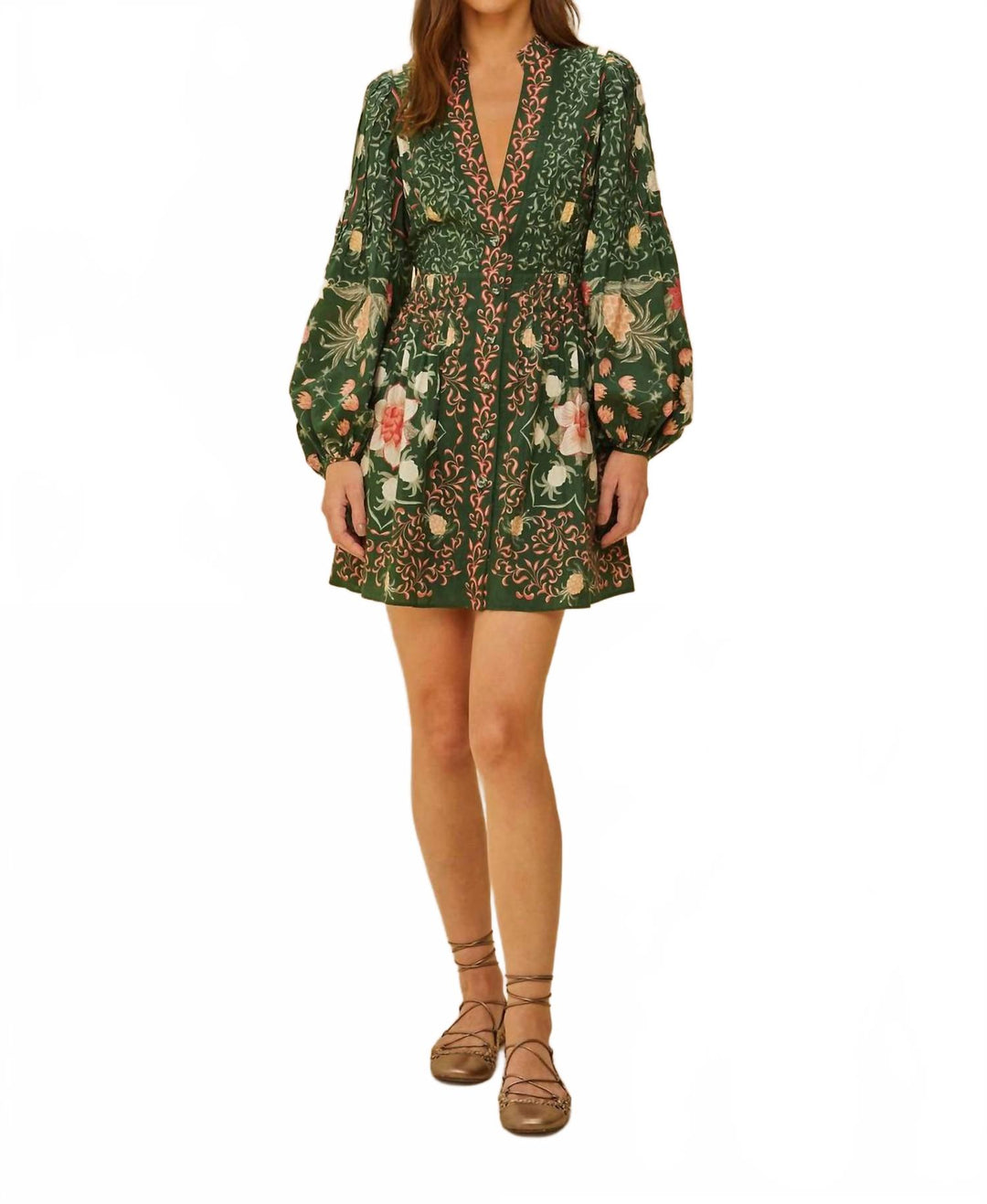 green pineapple garden long sleeve mini dress FARM RIO Pineapple Garden Long Sleeve Mini Dress In Green
