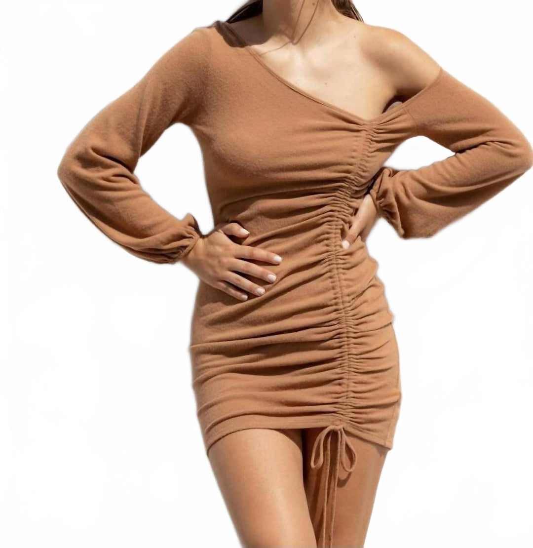 The Kim Dress: Bodycon front Ruching Camel Dress Small