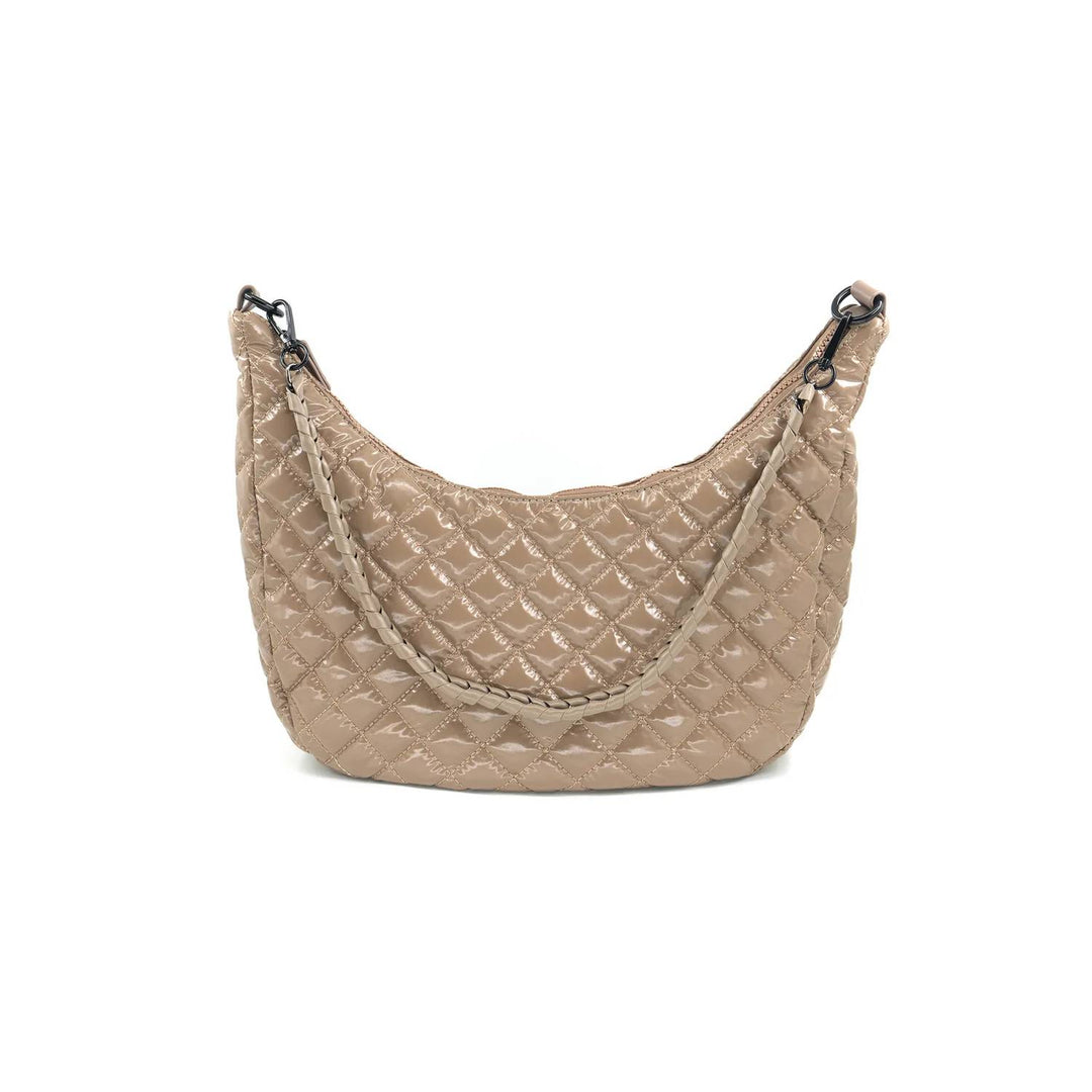 Studded Taupe Brown Faux Leather Shoulder Bag With Open  BC Bags Faux Leather Lattice Studded Metallic Taupe Shoulder Bag with Pouch display picture 1