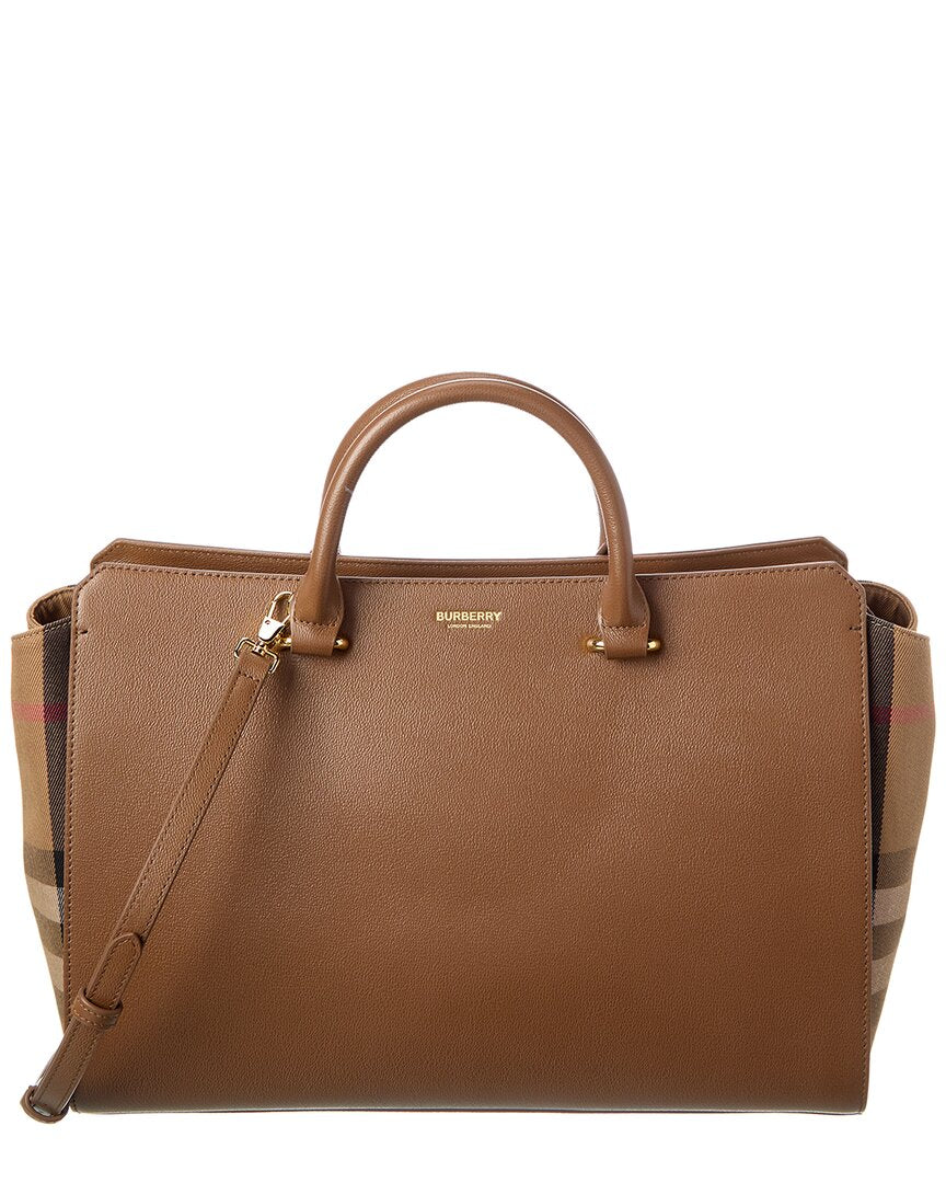 Burberry Banwell Medium Leather & Check Canvas Satchel | ShopSimon