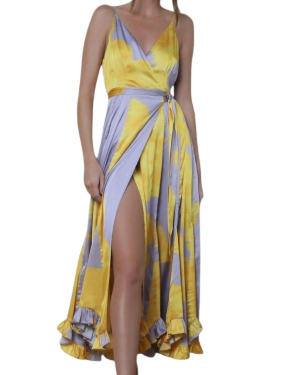hutch luxe sleeveless ruched side slit satin maxi dress hutch Monroe Dress In Lavender And Yellow