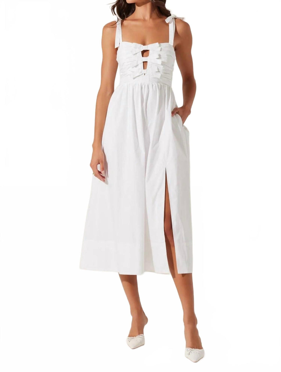helia bow front midi dress ASTR In White Color:White Pink Flower Plus Size Deluxe Disney featuring adjustable rouleau shoulder nov2025mds