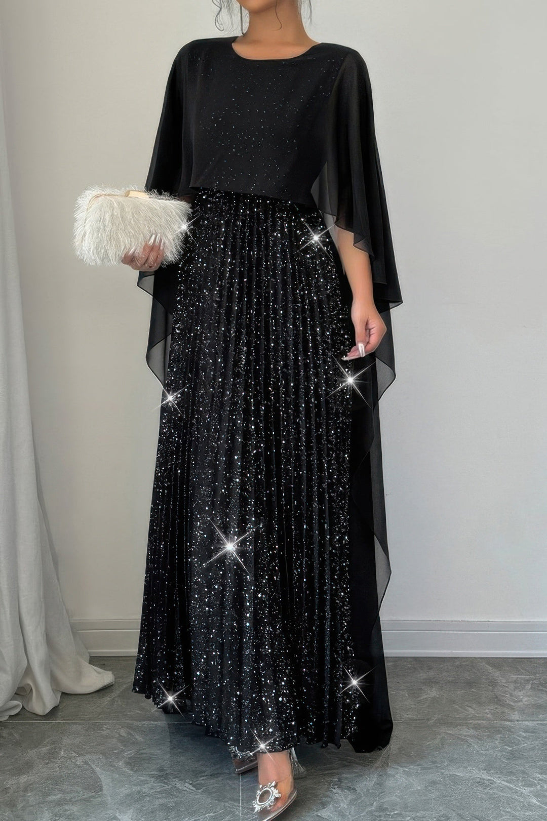 ignite evenings women's metallic print tiered midi dress reviews Elegant Sequin Satin Knit Pleated Long Dress