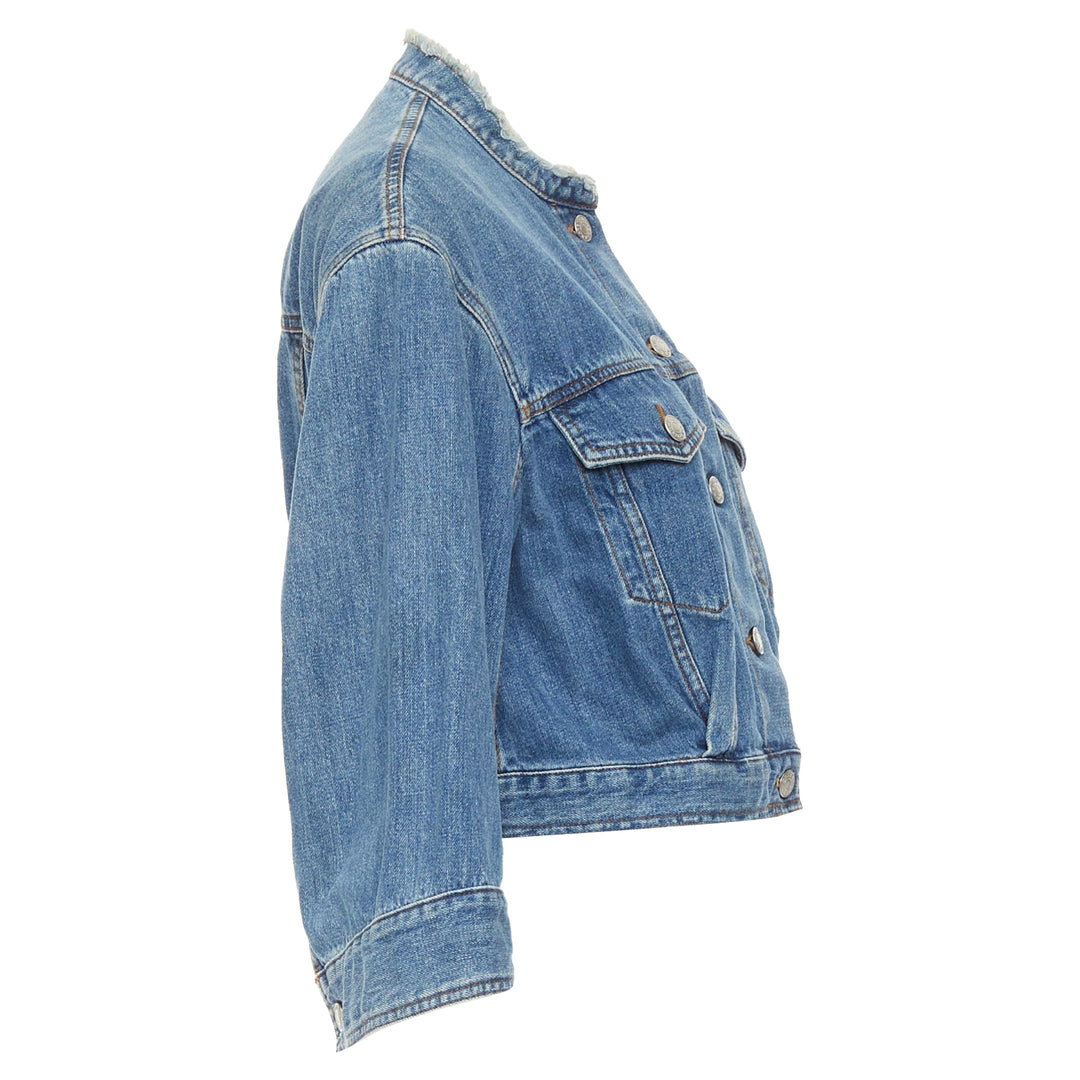 Dries Van Noten 2017 Blue Washed Distressed 3/4 Sleeve Crop Denim