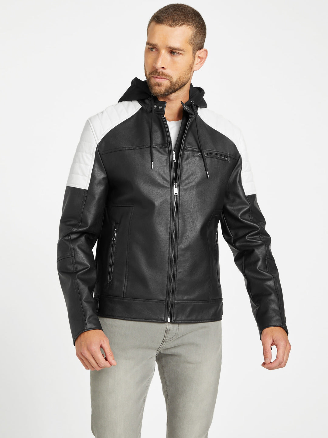 Guess Factory Davino Faux-Leather Hooded Moto Jacket | ShopSimon