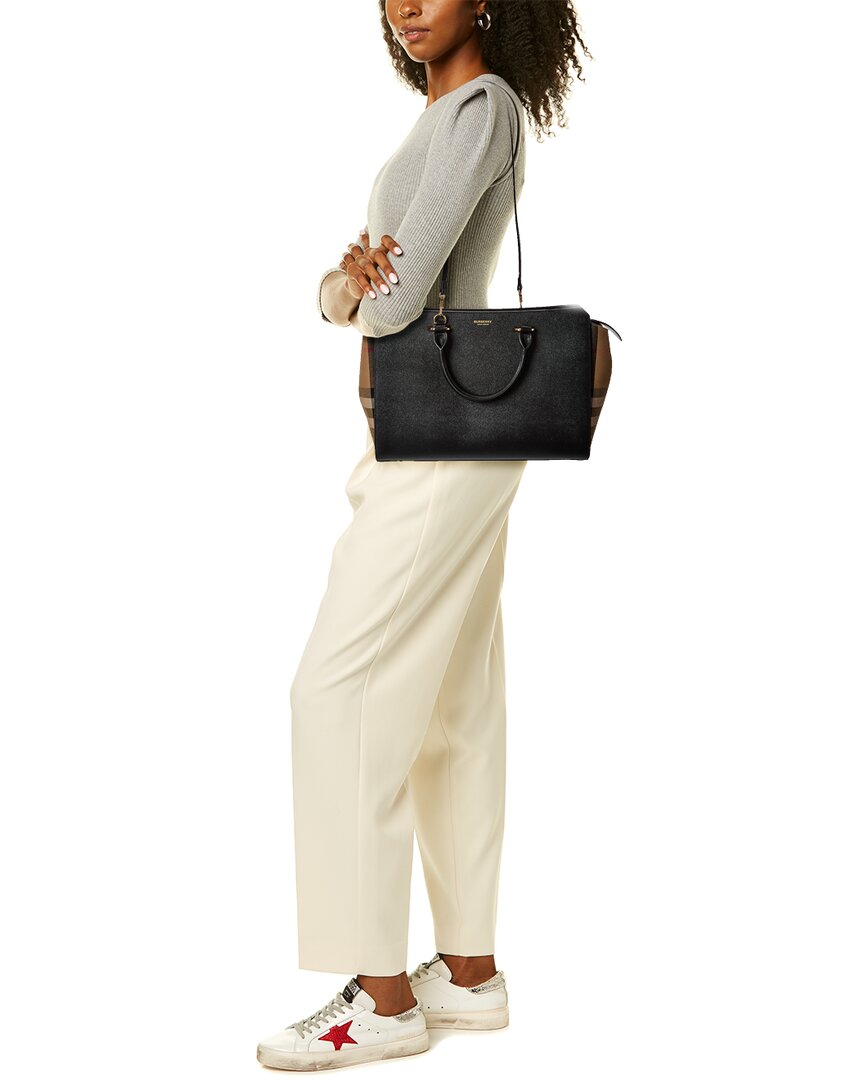 Burberry Banwell Medium Leather Check Canvas Satchel ShopSimon