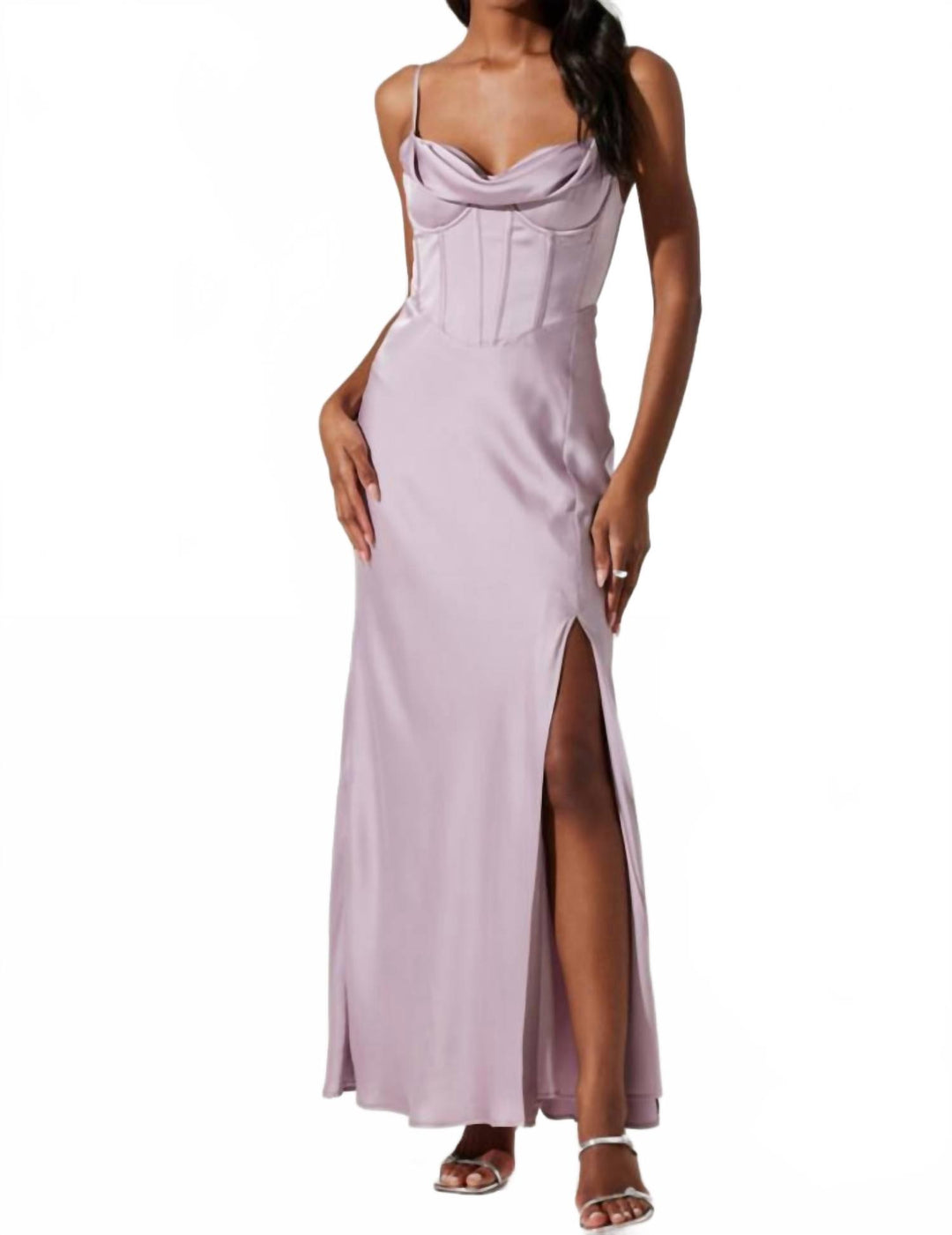 bhldn gabriella a line duchess satin midi dress ASTR Cannes Satin Bustier Maxi Dress In Silver Lilac