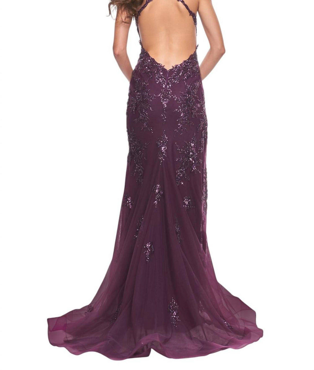 La Femme Sequin Beaded Floral Embellished Prom Dress In Dark Berry