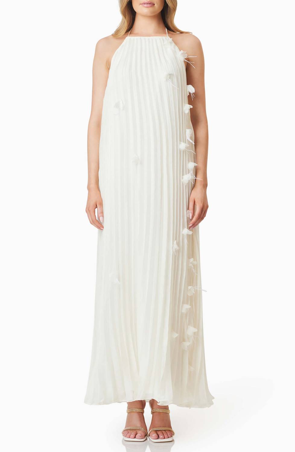ELLIATT Emelia Floral Appliqu Pleated Georgette Halter Maxi Dress In Ivory | ShopSimon ELLIATT Emelia Floral Appliqu Pleated Georgette Halter Maxi Dress In Ivory | ShopSimon