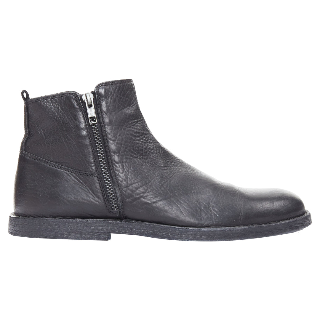Ann Demeulemeester Black Leather Double Zip Flat Ankle Boots Eu40