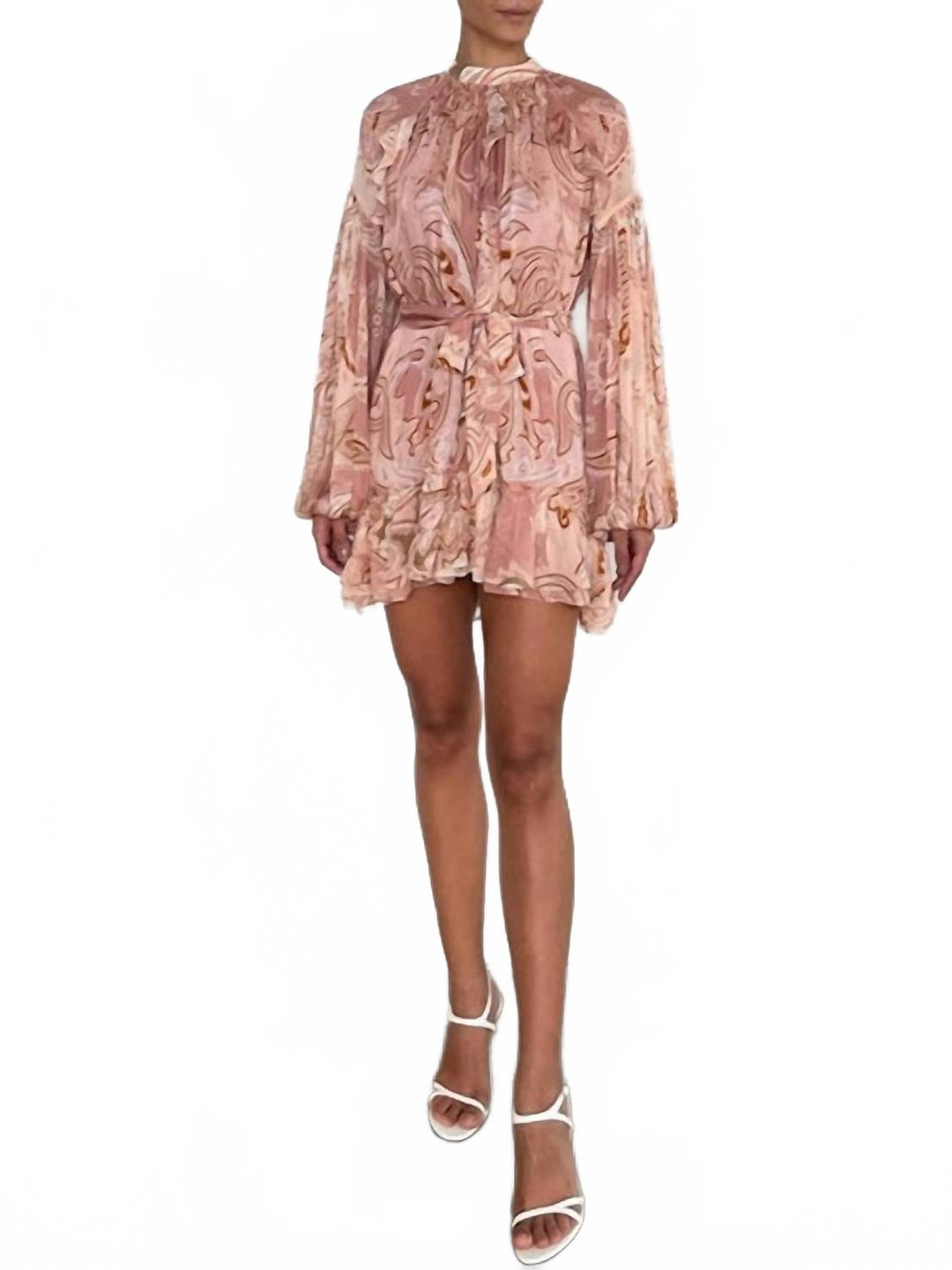 HEMANT & NANDITA Ruffle Mini Dress With Tie Belt In Pink/white
