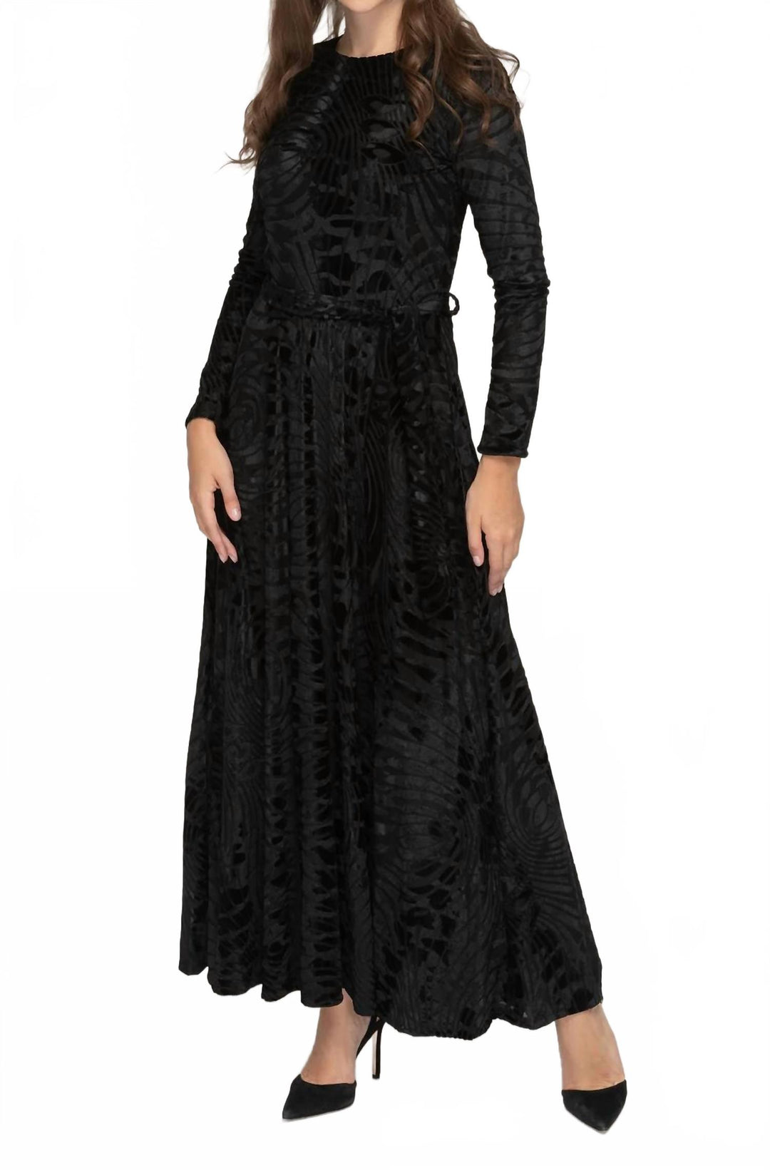 KMW Velvet Swirl Flowy Maxi Dress In Black | ShopSimon KMW Velvet Swirl Flowy Maxi Dress In Black | ShopSimon