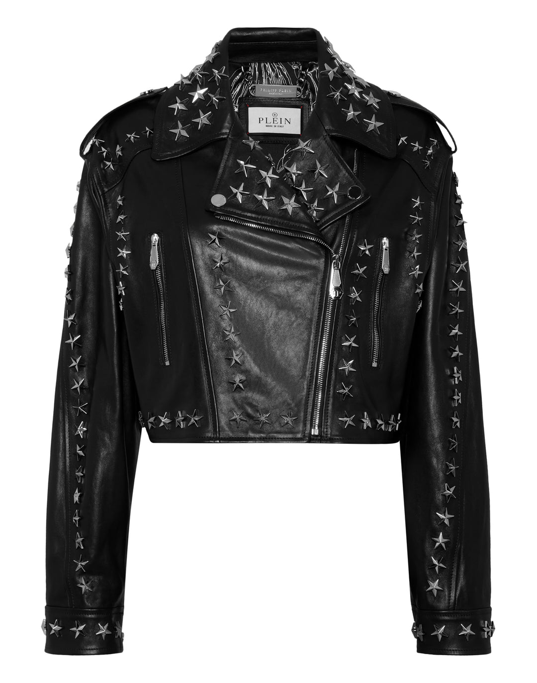 PHILIPP PLEIN Leather Biker Jacket Star Studs | ShopSimon