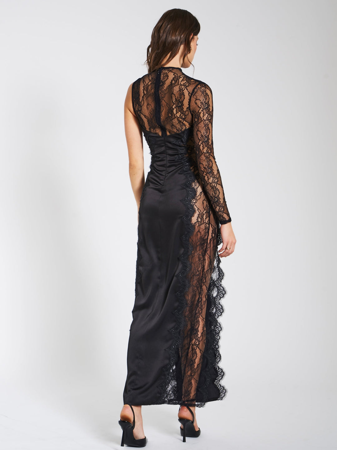 weslyn black satin lace high slit dress black dress with white lace Weslyn Black Satin Lace High Slit Dress