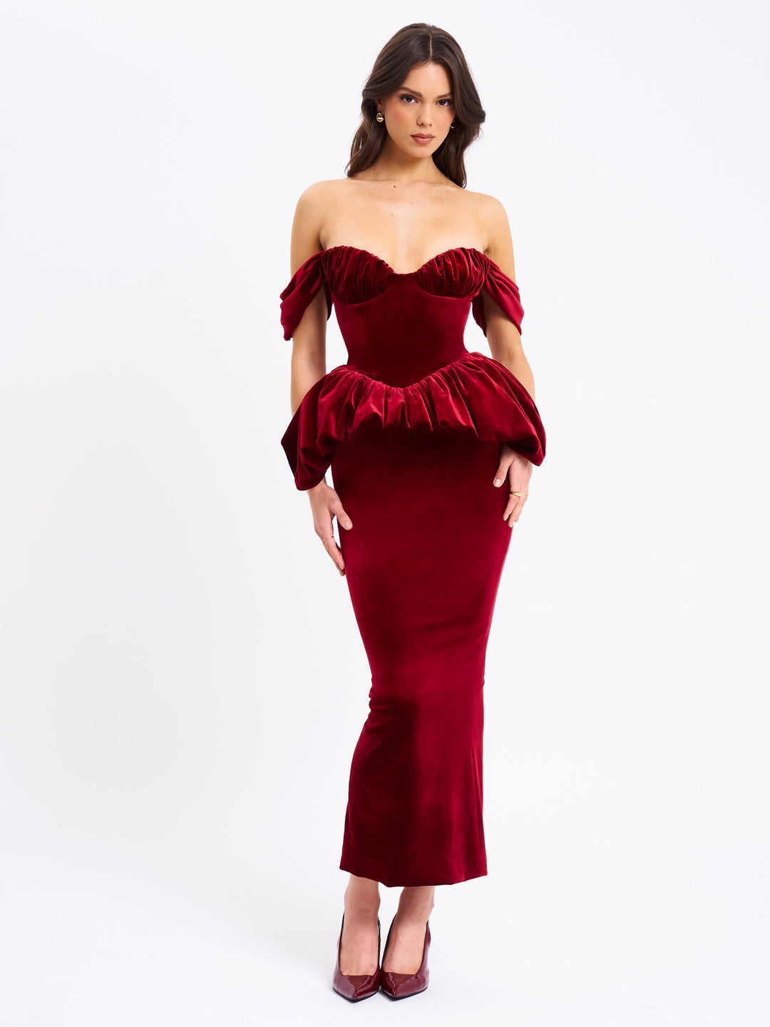 abigail ruched satin mermaid dress Miss Circle Women Abigail Velvet Off Shoulder Bubble Hem Peplum Maxi Dress
