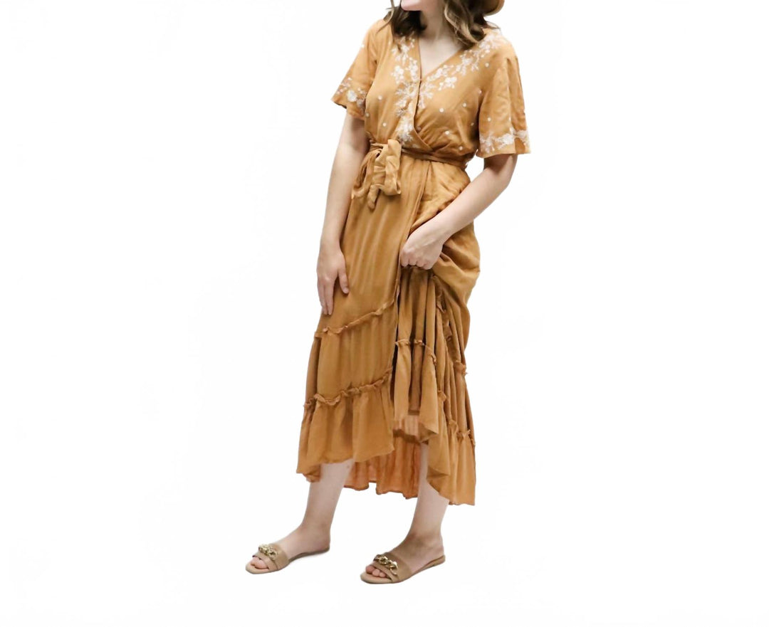 Polagram Floral Embroidered Ruffle Midi Maxi Dress In Burnt Orange With  Ivory