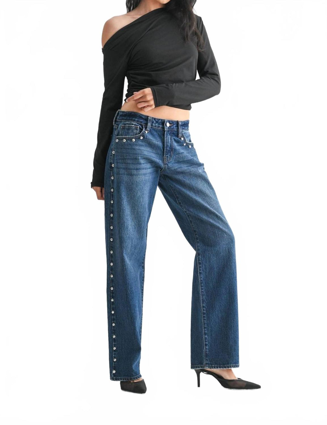 JBD. Low Rise Studded Baggy Jean In Dark Denim | ShopSimon