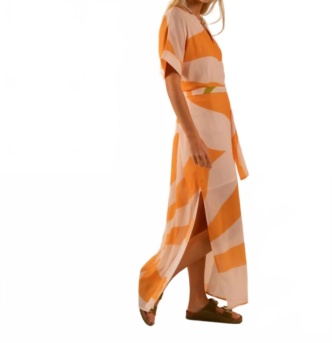 english factory striped kaftan mini dress Beatrice Sunset Swirling Wind Kaftan Dress In Yellow