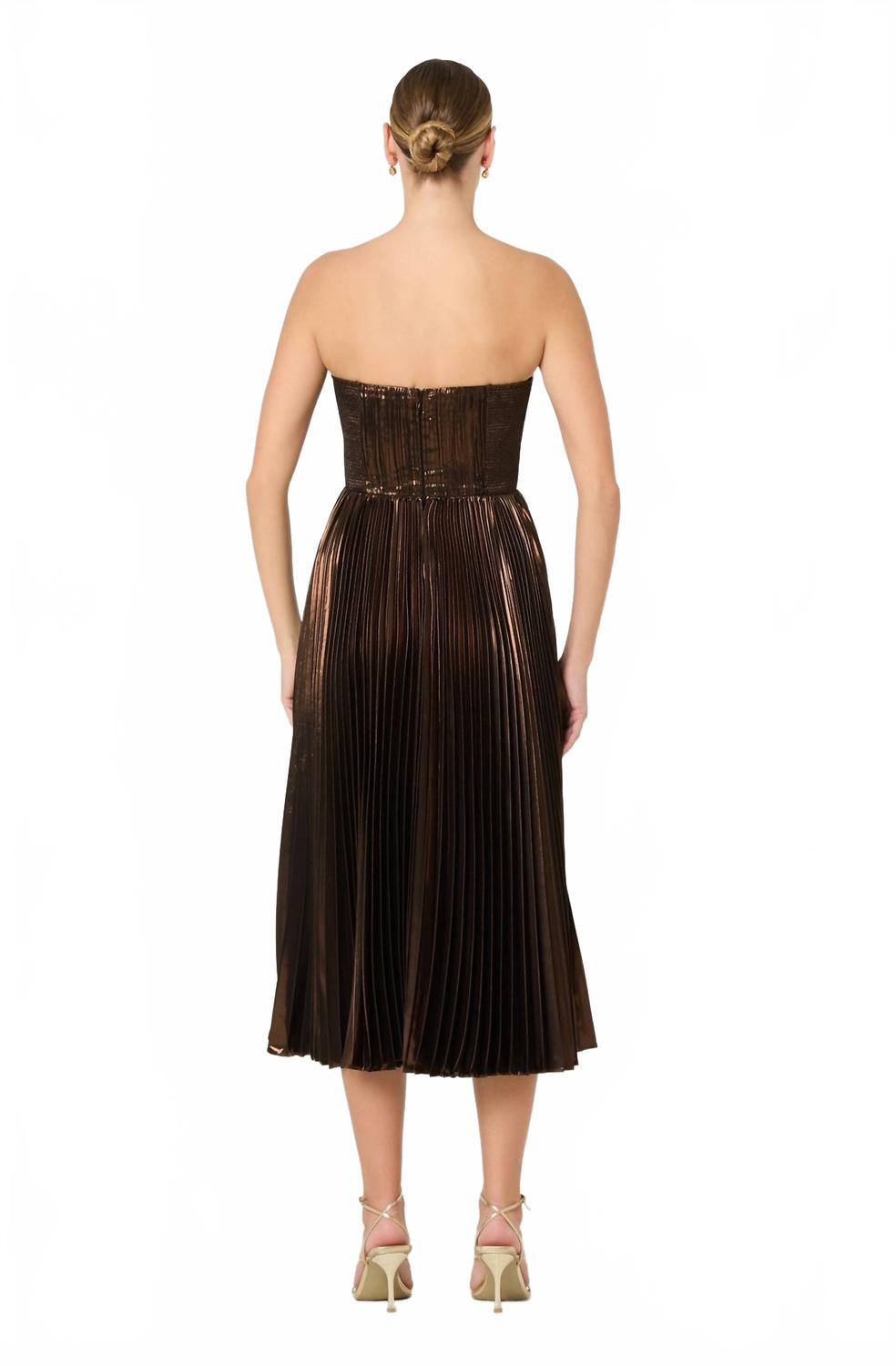 ASTR Ascella Pleated Midi Dress In Metallic Brown | ShopSimon ASTR Ascella Pleated Midi Dress In Metallic Brown | ShopSimon