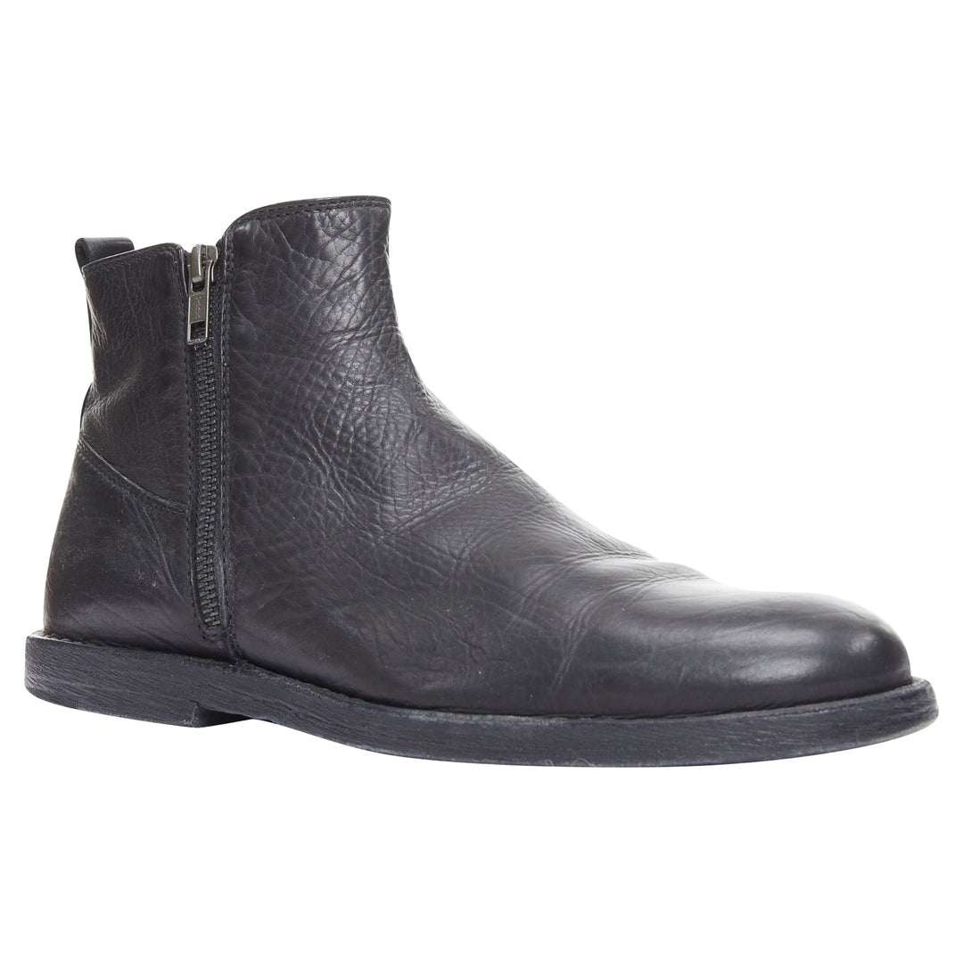 Ann Demeulemeester Black Leather Double Zip Flat Ankle Boots Eu40