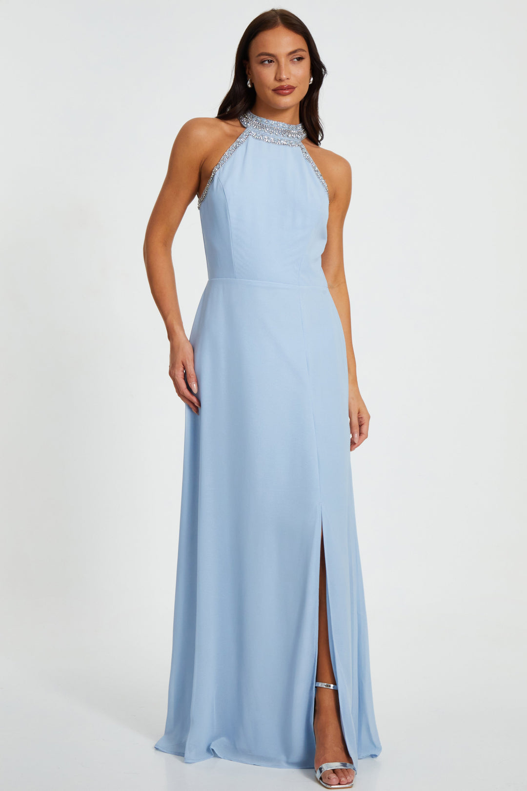 QUIZ Women's Embellished Halter Neck Chiffon Maxi Dress