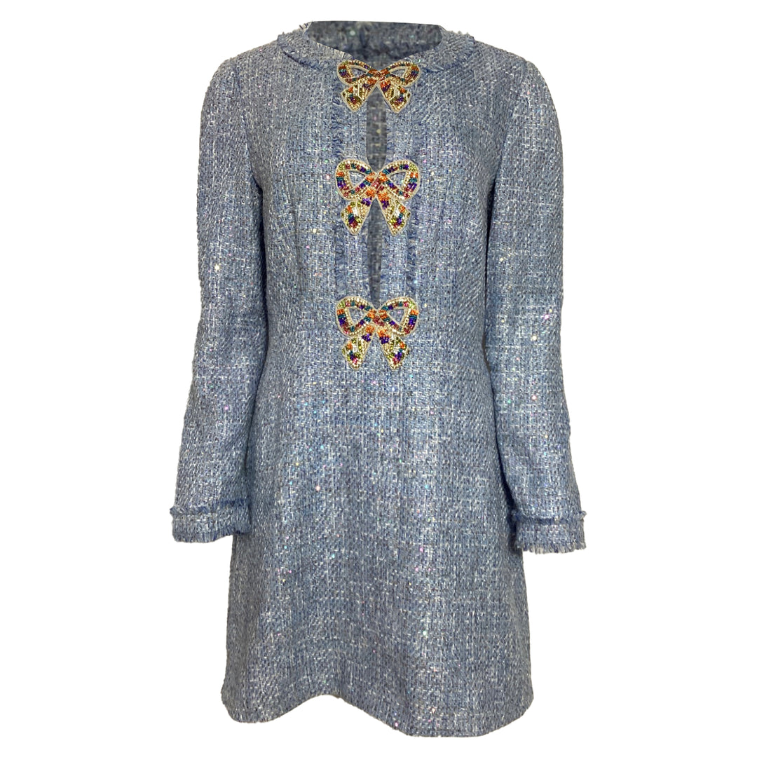 saloni camille mini dress Saloni Camille Bow Tweed Mini Dress In Light Blue Cotton