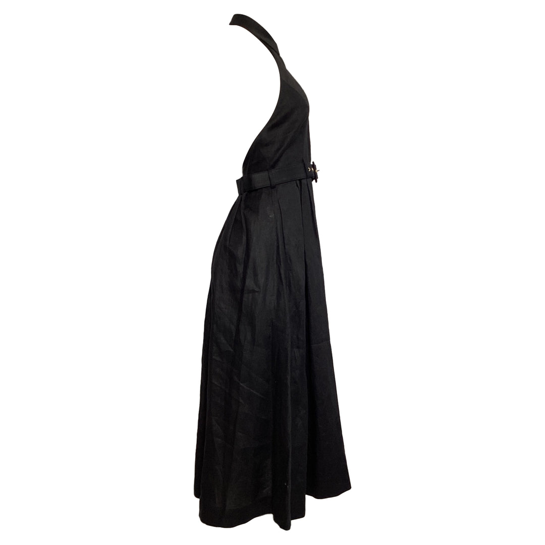 Zimmermann Belted Halter Neck Midi Dress In Black Linen