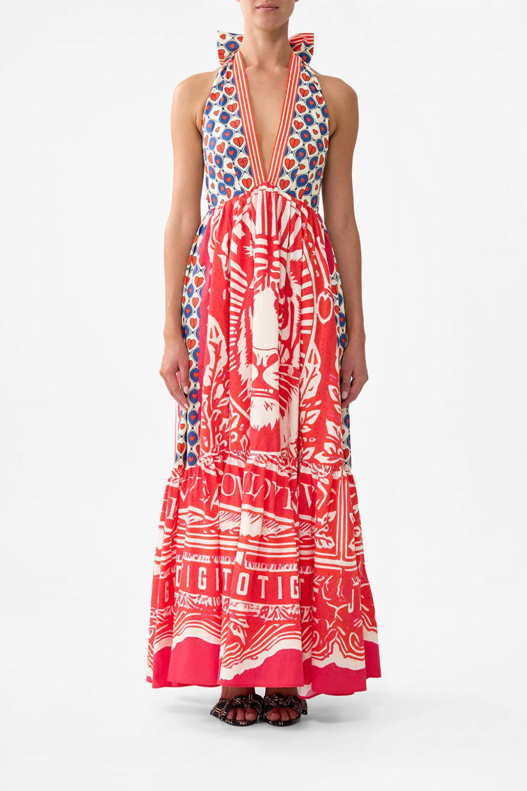 Camilla Ruffle Hem Halter Maxi Dress In Rinse & Roar