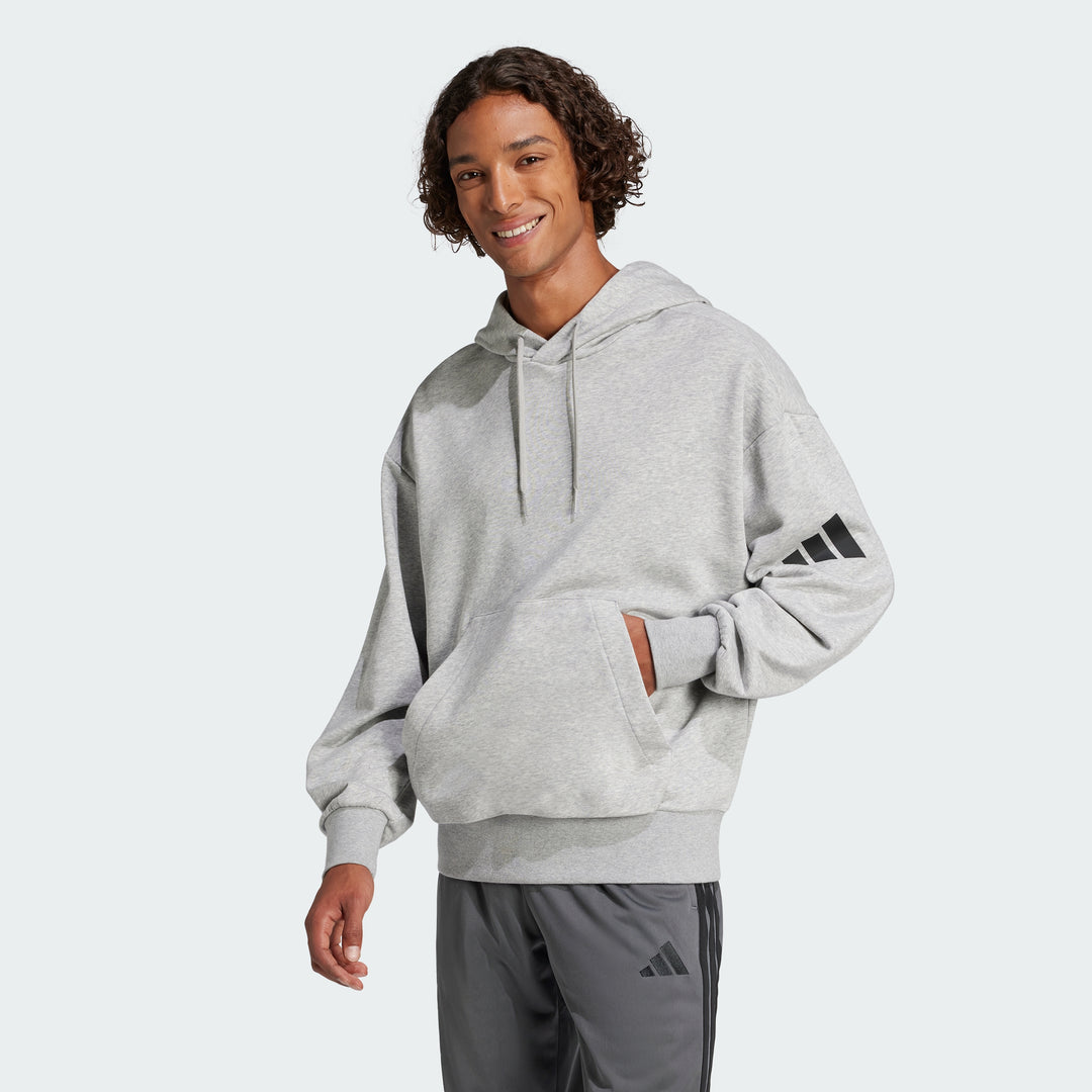 adidas Men's Essentials Loose-Fit 3 Bar Logo French Terry Hoodie (Medium Grey Heather / Black, Large)