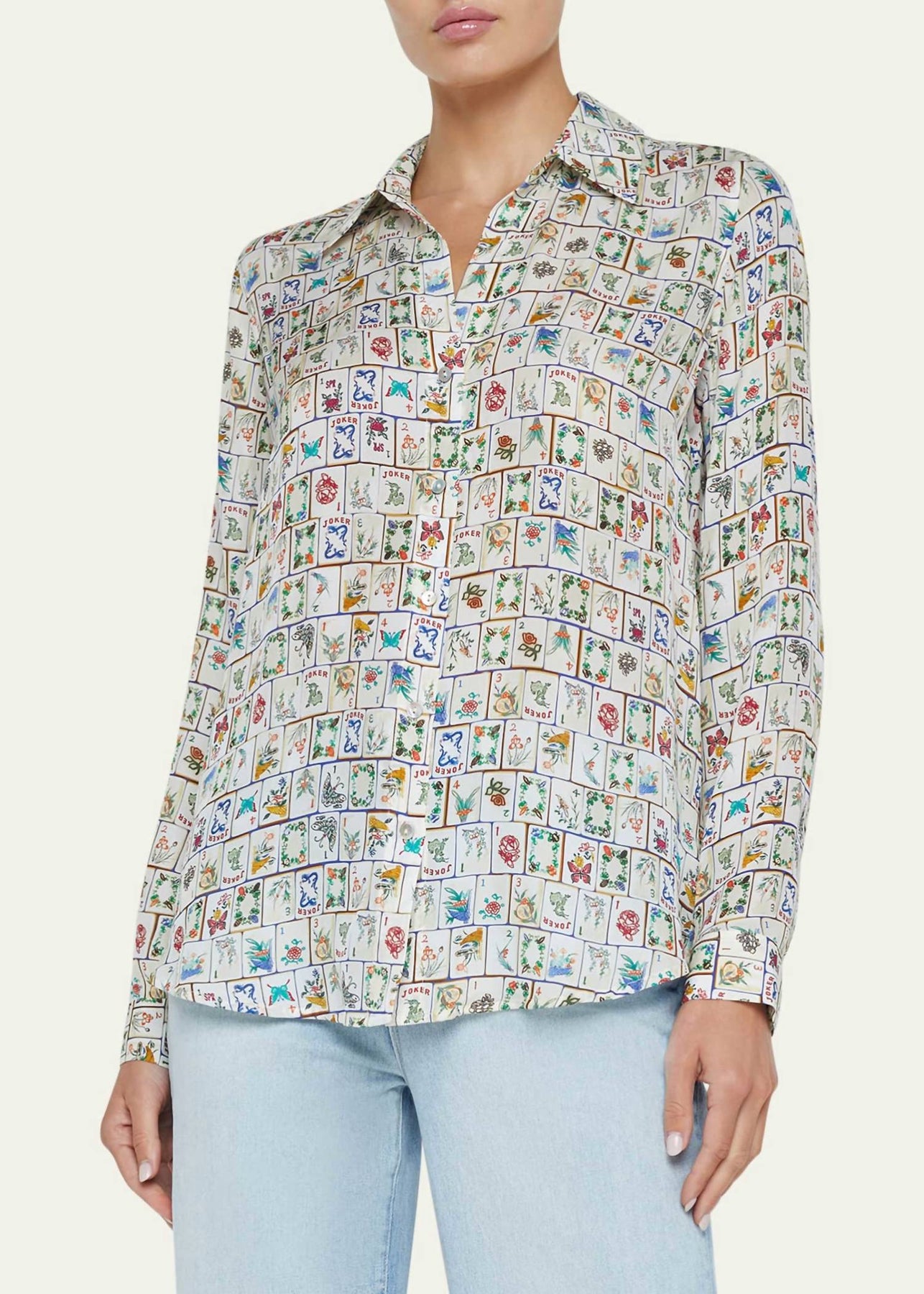 L'Agence Nina Button-Front Silk Blouse In Vintage White Multi