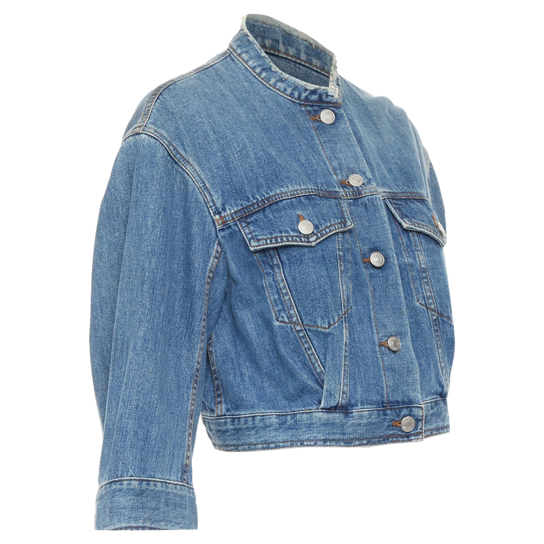 DRIES VAN NOTEN ショート丈ジャケット Dries Van Noten 2017 Blue Washed Distressed 3/4 Sleeve Crop Denim