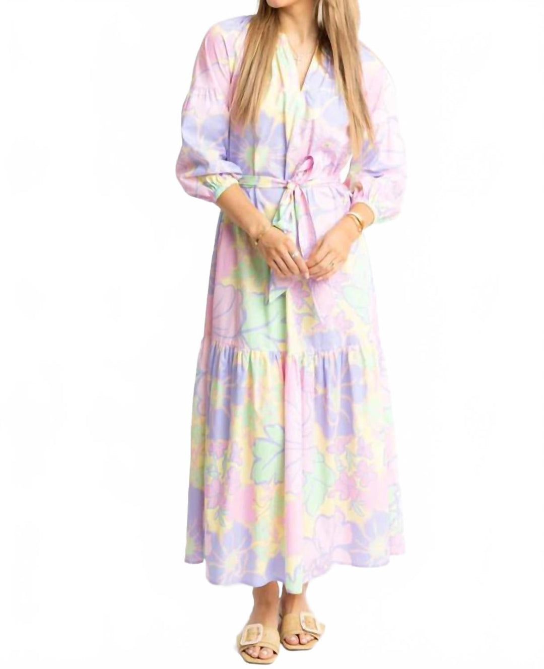 pastel maxi dress with sleeves Karlie Pastel Floral V Neck Maxi Dress In Multi