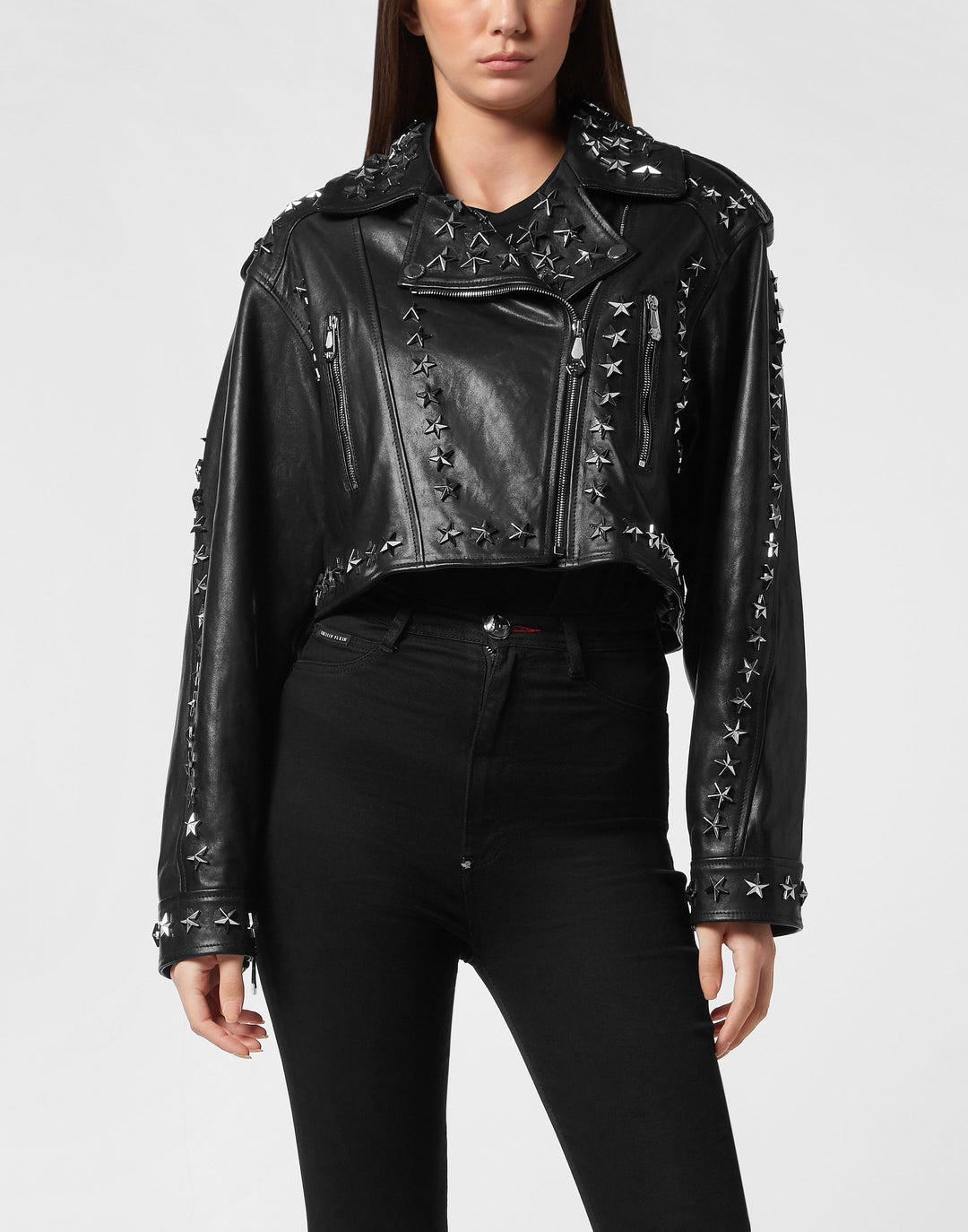 ジャケット・アウター philipp plein star studs leather ma1 PHILIPP PLEIN Leather Biker Jacket Star Studs | ShopSimon