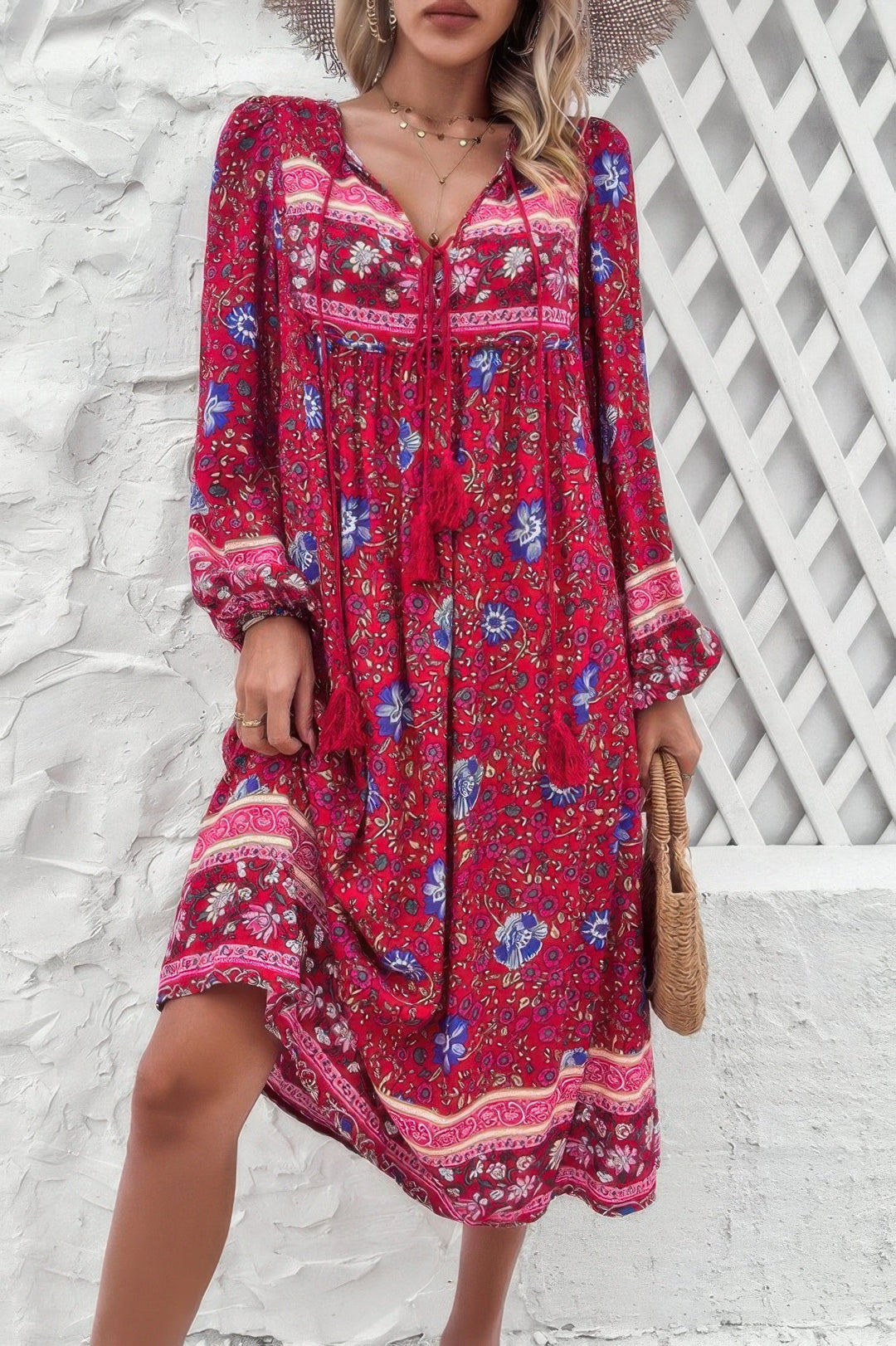 TRUEDAMES Cross Knot Floral Print Loose Fit V Neck Dress