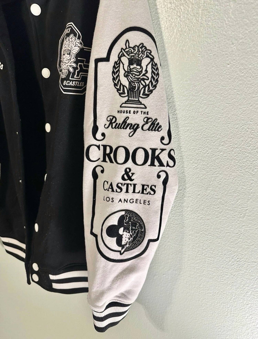Crooks & Castles Men's Ruling Elite Varsity Jacket In Black Crooks & Castles Men's Ruling Elite Varsity Jacket In Black