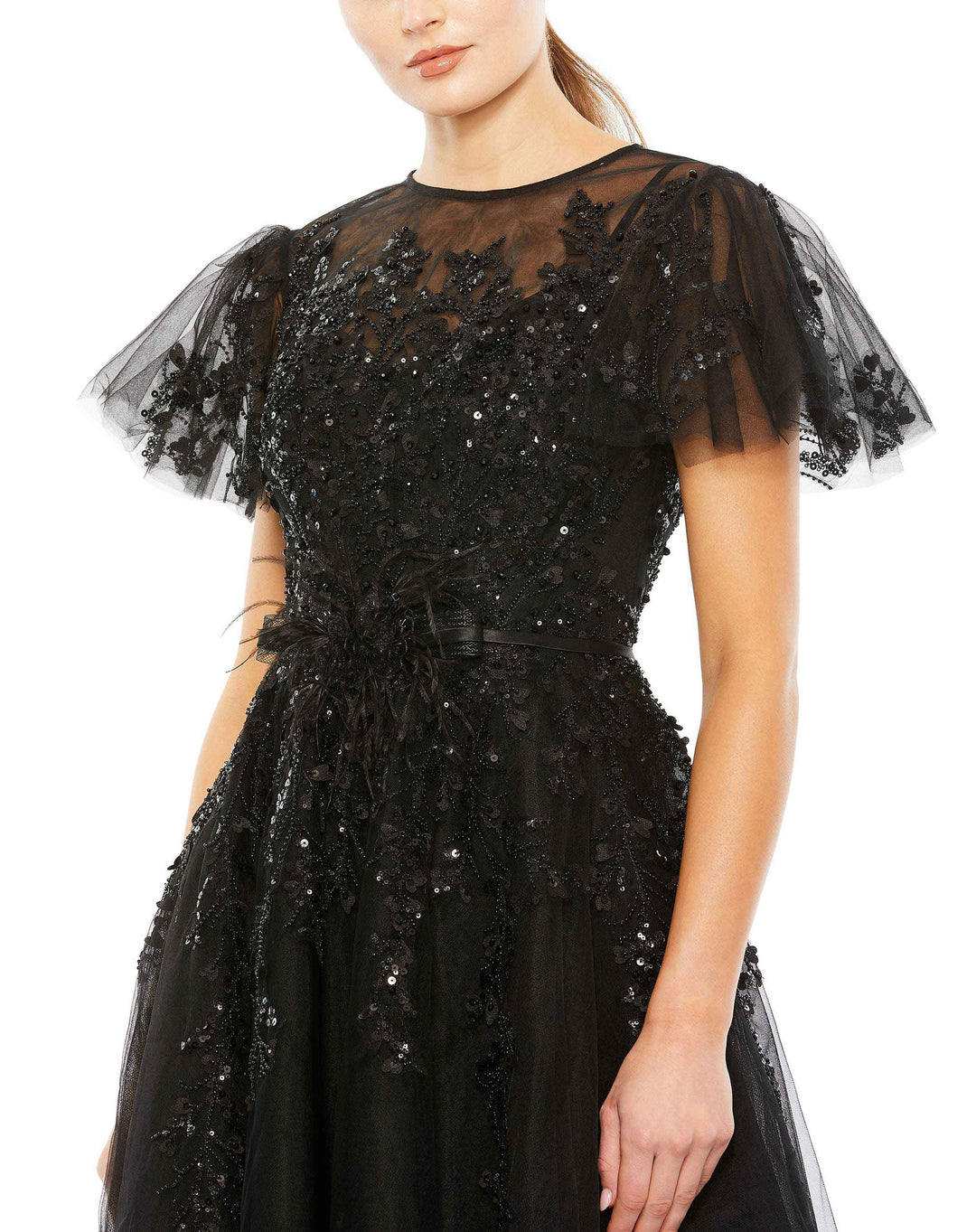 mac duggal embellished flutter sleeve bow waist a line dress Embellished Flutter Sleeve Bow Waist A Line Dress
