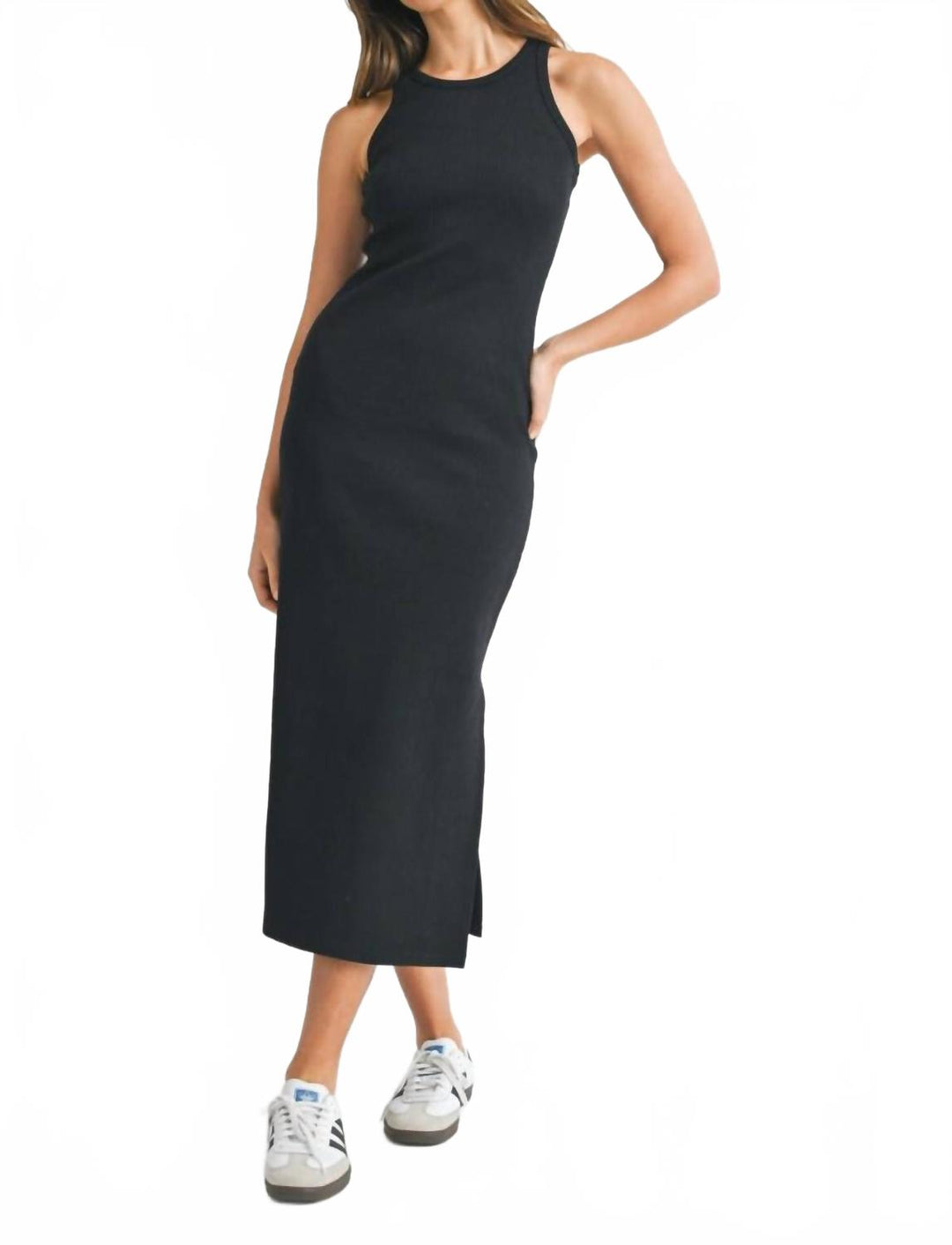MABLE Sleeveless Ribbed Racerback Midi Dress In Black