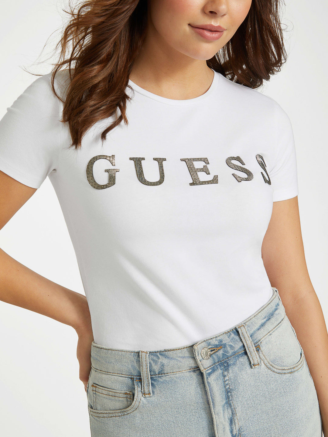 Guess Factory Pepper Rhinestone Logo Tee | ShopSimon