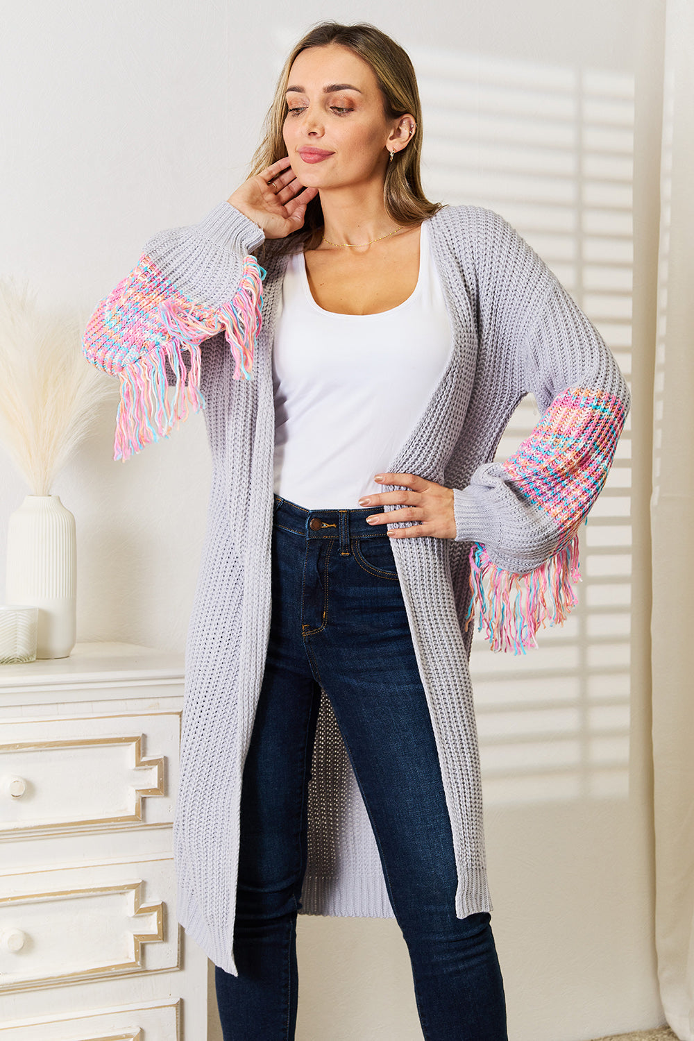FASHNZFAB Fringe Sleeve Dropped Shoulder Cardigan ShopSimon