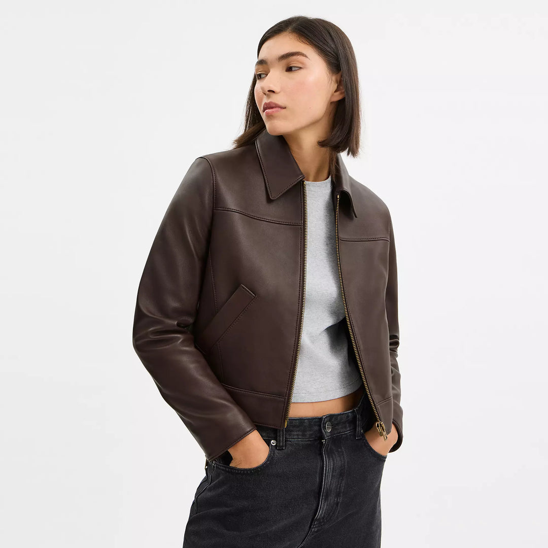 Coach Outlet Leather Jacket - Women's Jackets - Brown, Size: X-Small Coach Outlet Leather Jacket - Women's Jackets - Brown, Size: X-Small