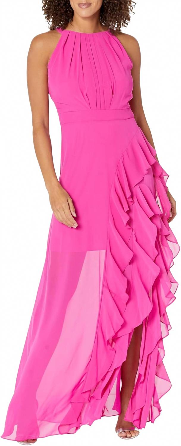 Betsy & Adam Long Chiffon Halter Dress In Hot Pink | ShopSimon Betsy & Adam Long Chiffon Halter Dress In Hot Pink | ShopSimon