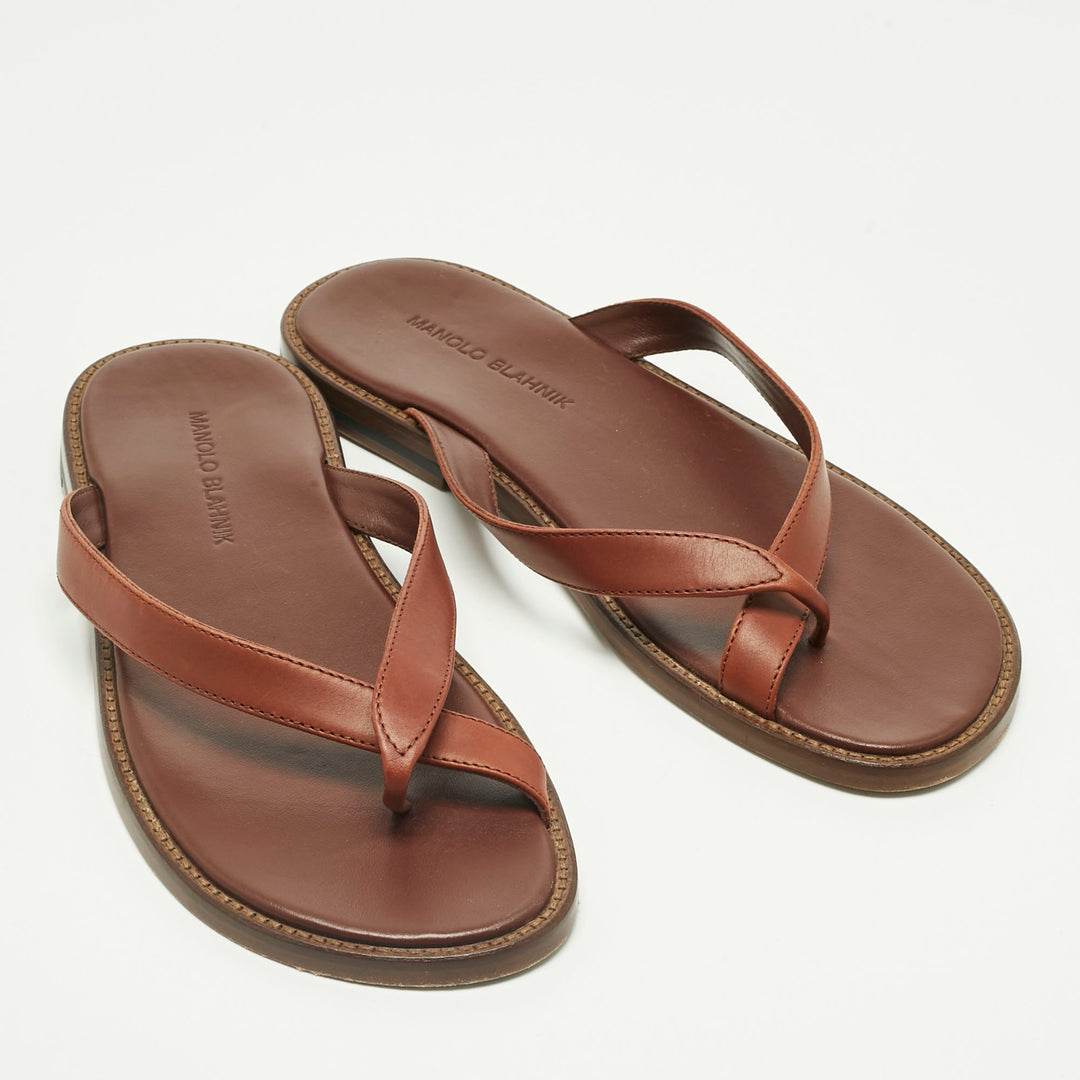 Manolo Blahnik Brown Leather Crisscross Flat Slide | ShopSimon